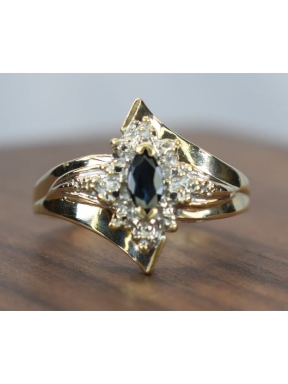 Vintage LGL 10K Yellow Gold Marquise Midnight Blue Sapphire Halo Ring